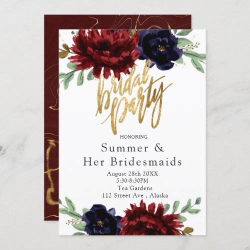 Burgundy Navy Peony Gold Bridal Party Invitation