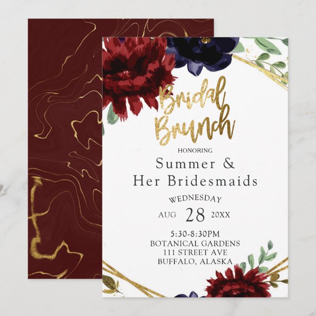 Burgundy Navy Peony Gold Bridesmaids Luncheon Invitation (Front/Back)