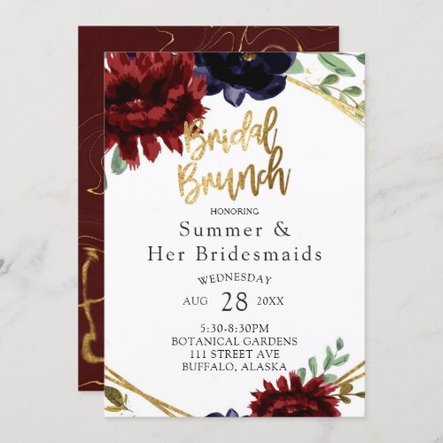 Burgundy Navy Peony Gold Bridesmaids Luncheon Invitation