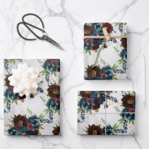 Burgundy Navy Peony & Roses Bouquet Wrapping Paper Sheets