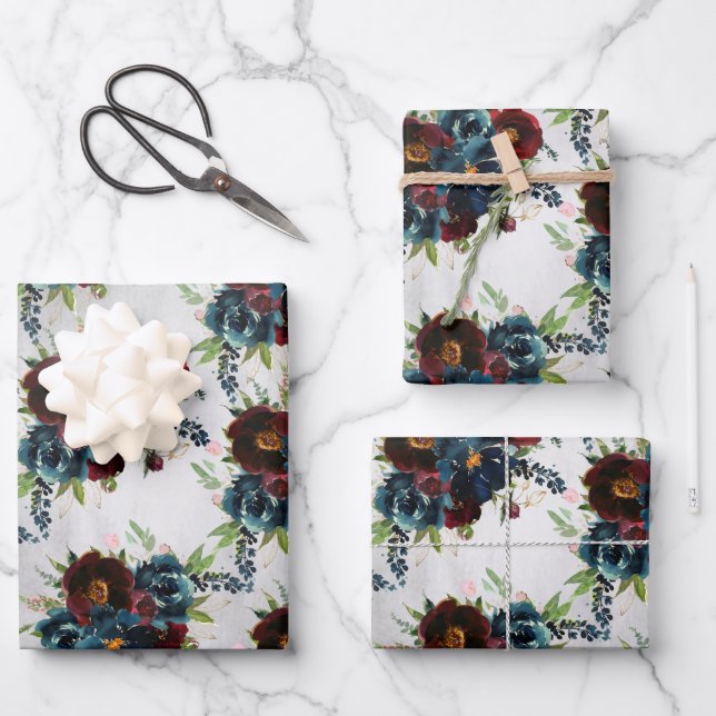 Burgundy Navy Peony & Roses Bouquet Wrapping Paper Sheets (Front)
