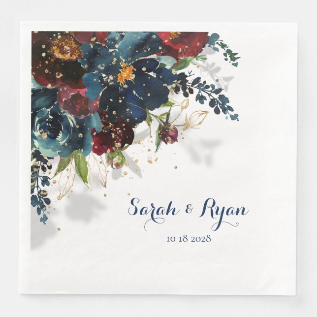 Burgundy Navy Peony Sparkling Gold Floral Shadow Paper Dinner Napkins (Front)
