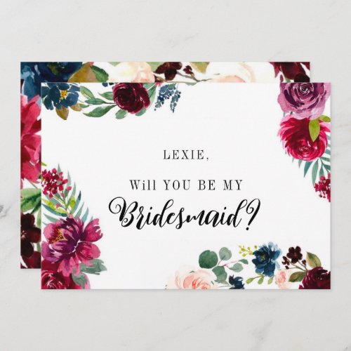 Burgundy Navy Peony Will You Be My Bridesmaid Invitation