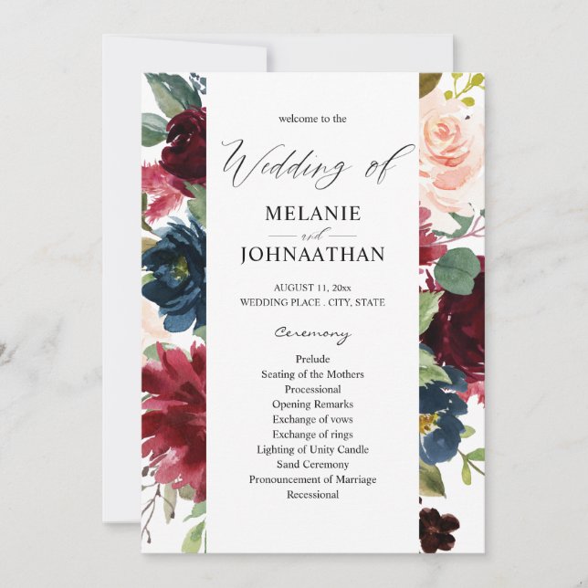 Burgundy & Navy Pink Blush Floral Wedding Program (Front)