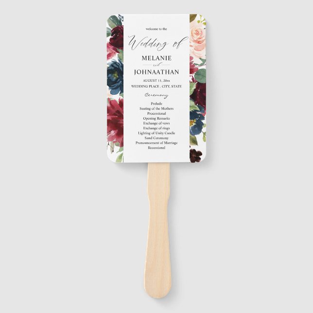 Burgundy & Navy Pink Blush Floral Wedding Program Hand Fan (Front)