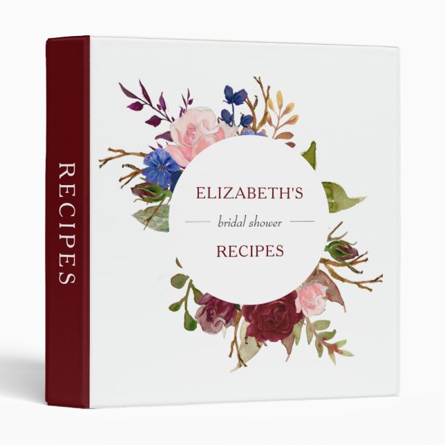 Burgundy Navy Pink Floral Bridal Shower Recipes 3 Ring Binder (Front/Spine)