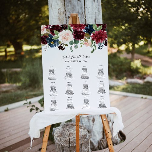 Burgundy Navy  Pink Floral Event Seating Chart 12 Foam Board
