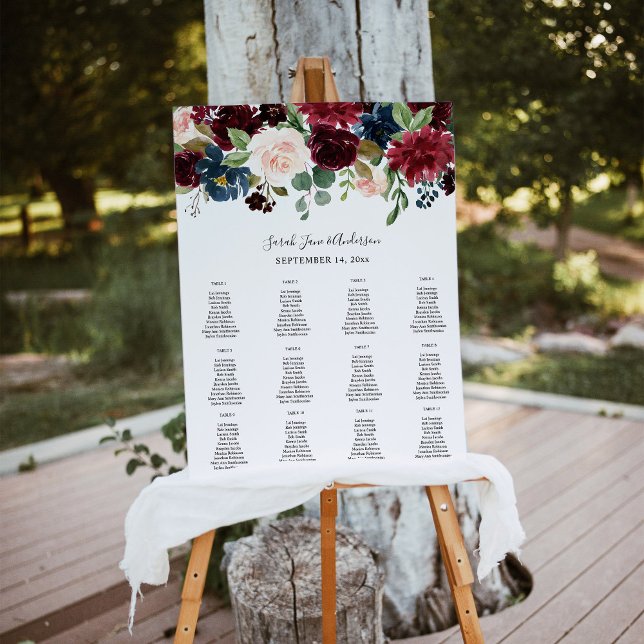 Burgundy Navy & Pink Floral Event Seating Chart 12 Foam Board (Creator Uploaded)