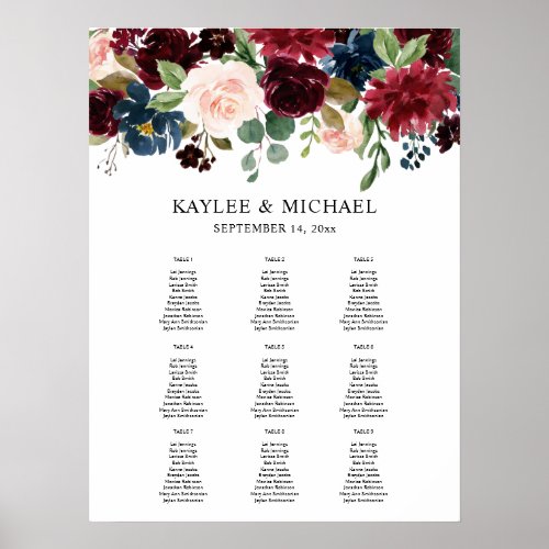 Burgundy Navy  Pink Floral Event Seating Chart 9