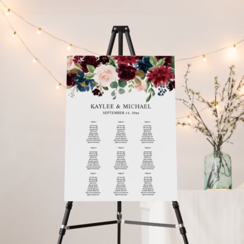 Burgundy Navy  Pink Floral Event Seating Chart 9 Foam Board