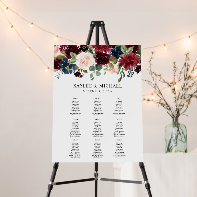 Burgundy, Navy & Pink Floral Event Seating Chart 9 Foam Board (In Situ (Stand))