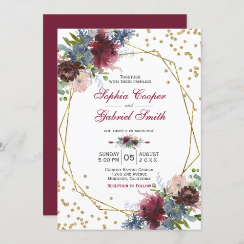 Burgundy Navy Pink Floral  Gold Frame Wedding Invitation