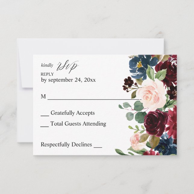 Burgundy & Navy, Pink Floral no Meal  RSVP Card (Front)