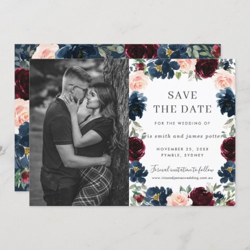 Burgundy Navy Pink Floral Photo Save the Date Card
