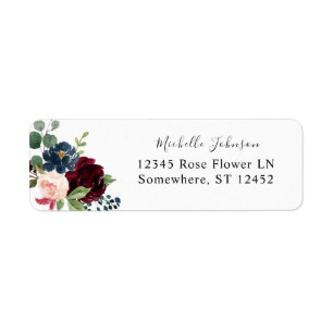 Burgundy & Navy, Pink Floral Return Address Label