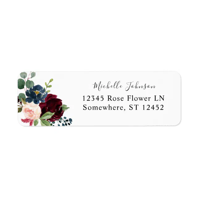 Burgundy & Navy, Pink Floral Return Address Label | Zazzle