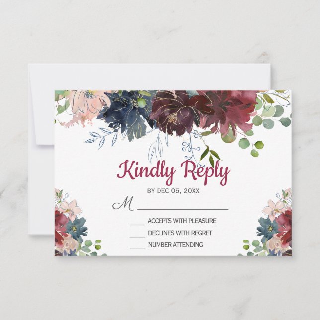 Burgundy Navy Pink Floral Wedding RSVP card (Front)