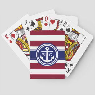 Burgundy Navy Preppy Stripe Anchor Monogram Poker Cards