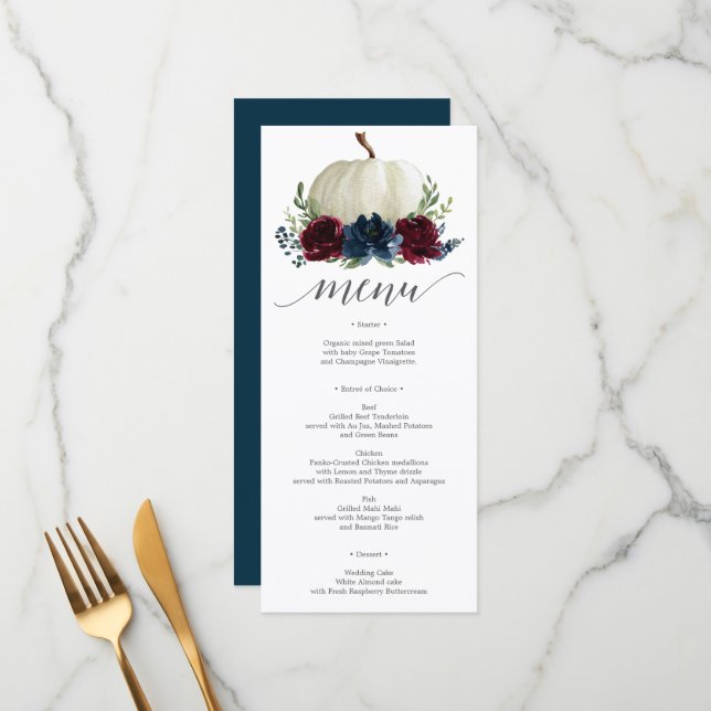 Burgundy Navy Pumpkin Fall Wedding Menu (Front/Back In Situ)