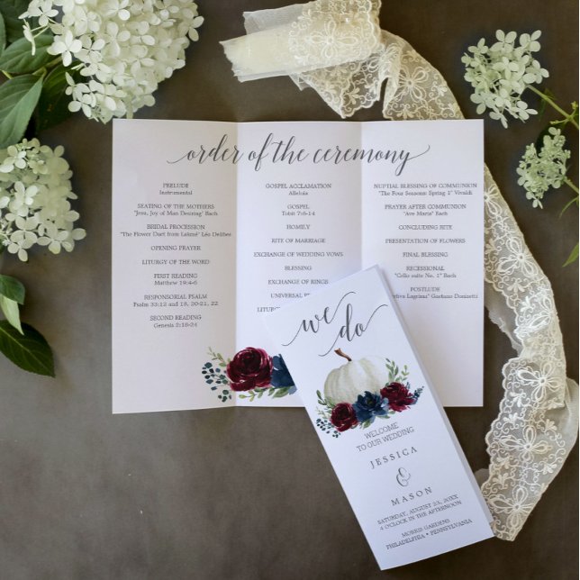 Burgundy Navy Pumpkin Trifold Wedding Program Flyer (Creator Uploaded)