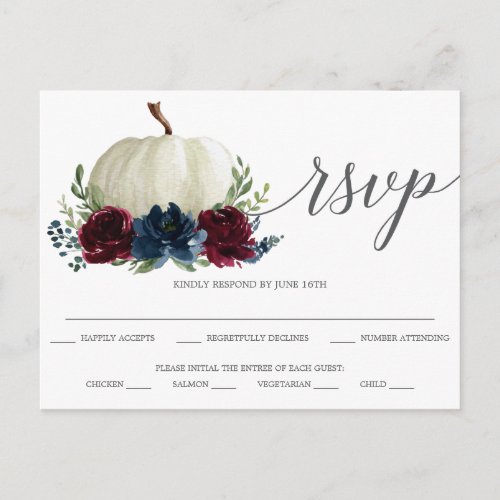 Burgundy Navy Pumpkin Wedding RSVP Postcard