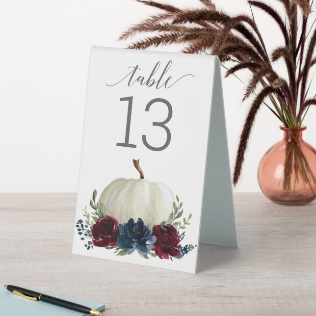Burgundy Navy Pumpkin Wedding Table Numbers Table Tent (In SItu (Table))