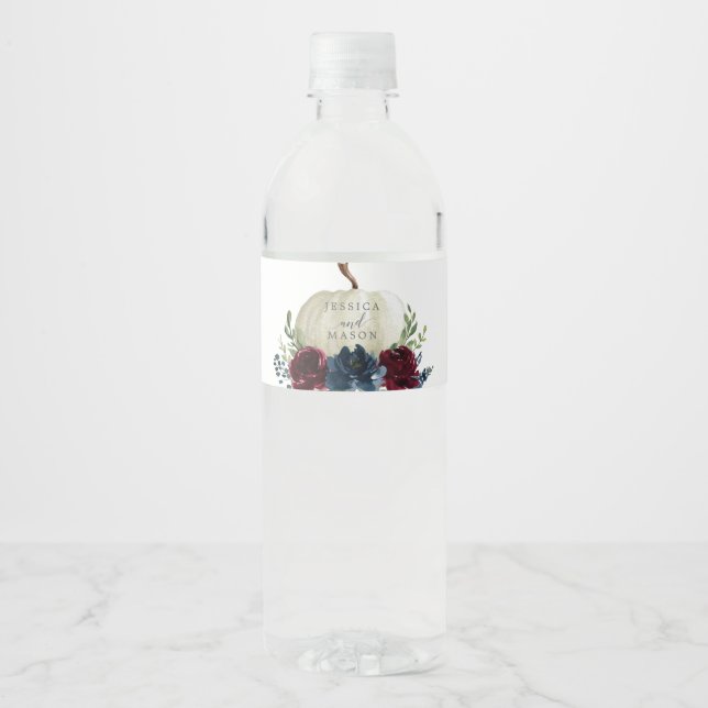 Burgundy Navy Pumpkin Wedding Water Bottle Label (Front)