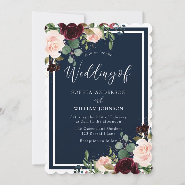 Burgundy & Navy Red Wine & Blush Flowers Wedding Invitation (Front)