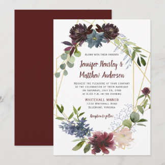 Burgundy Navy Rose Geometric Floral Wreath Wedding Invitation
