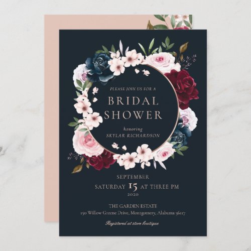 Burgundy Navy Rose Watercolor Wreath Bridal Shower Invitation
