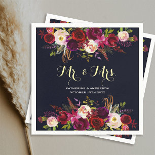 Burgundy Navy Rustic Floral Mr and Mrs Wedding Paper Napkins