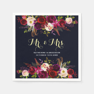 Burgundy Navy Rustic Floral Mr and Mrs Wedding Paper Napkins
