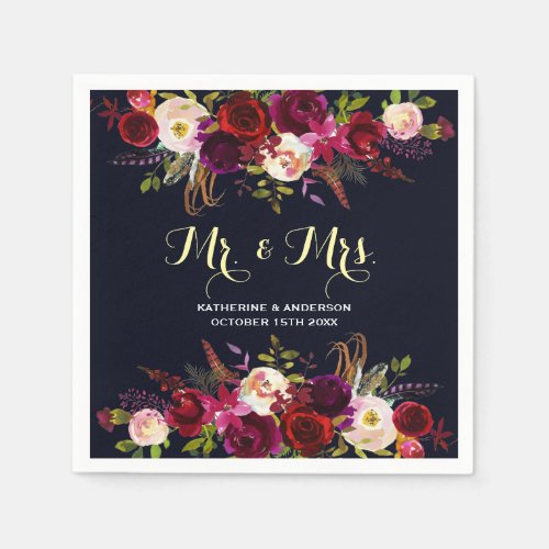 Burgundy Navy Rustic Floral Mr and Mrs Wedding Paper Napkins