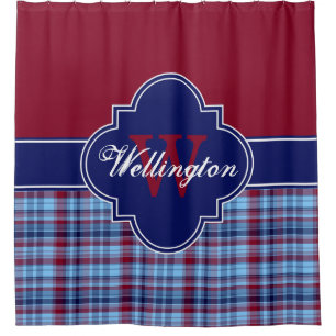 Burgundy Navy Sky Blue Madras Plaid 1ICBR Name Shower Curtain