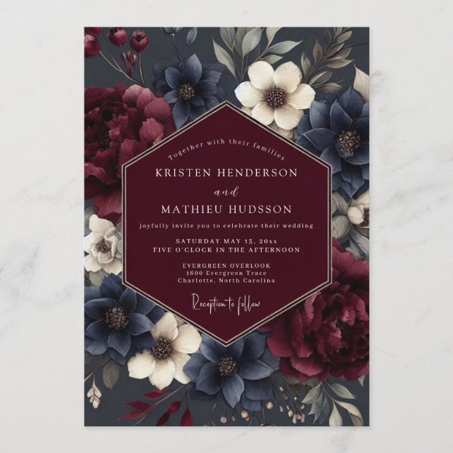 Burgundy Navy Somber Flora Wedding Invitation (Front)
