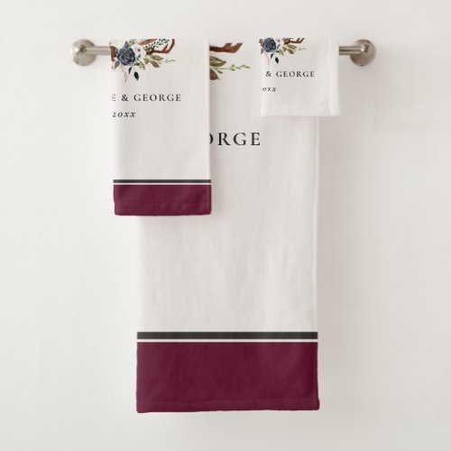 burgundy navy stag watercolor floral elegant bath towel set
