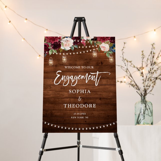 Burgundy Navy String Light Engagement Welcome Foam Board (In Situ (Stand))