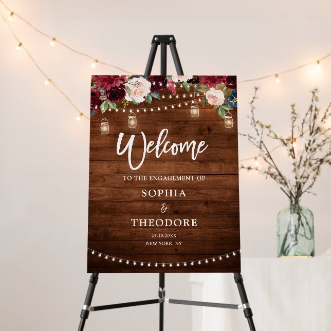 Burgundy Navy String Light Engagement Welcome Foam Foam Board (In Situ (Stand))