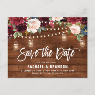 Burgundy Navy String Light mason jar Save the Date Postcard