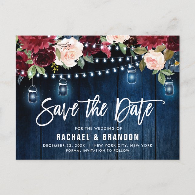 Burgundy Navy String Light mason jar Save the Date Postcard (Front)