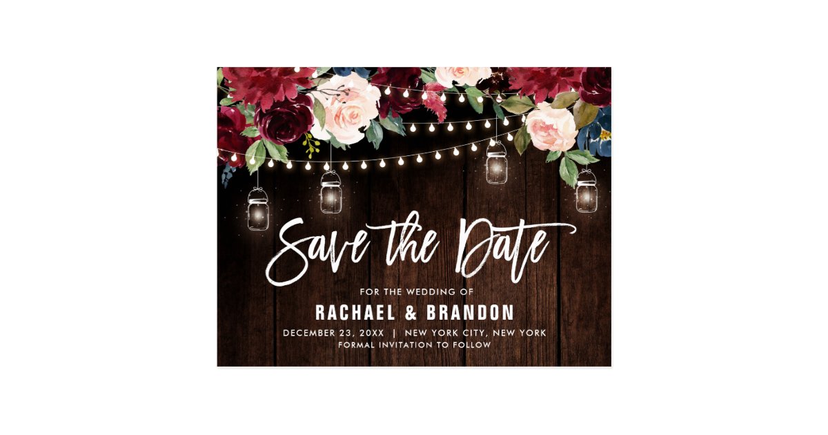 Burgundy Navy String Light mason jar Save the Date Postcard | Zazzle.com