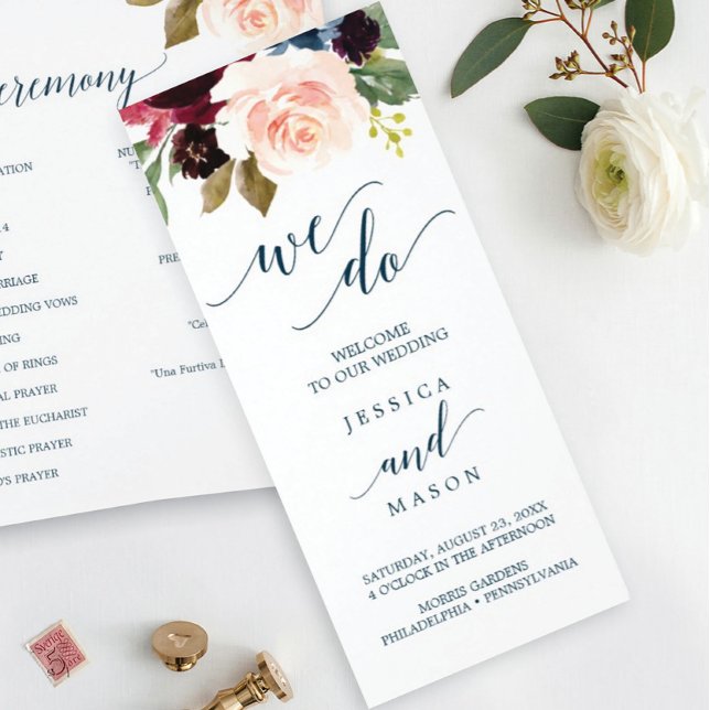 Burgundy Navy Tri-Fold Wedding Program Flyer (Creator Uploaded)