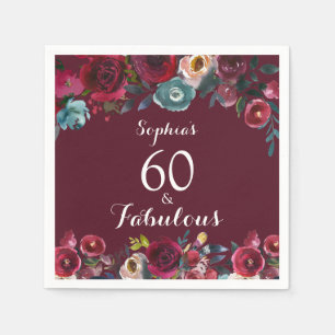 Burgundy Navy Watercolor Floral 60th Birthday Napkins