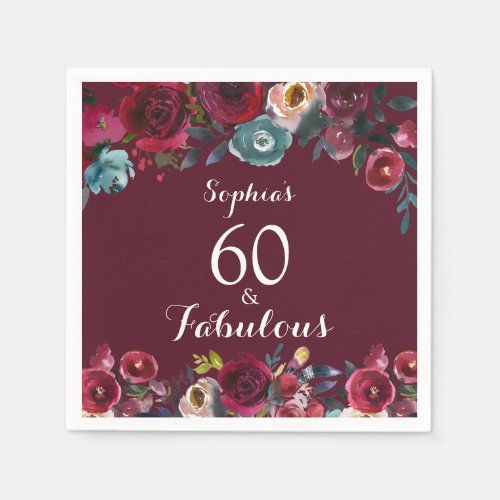 Burgundy Navy Watercolor Floral 60th Birthday Napkins