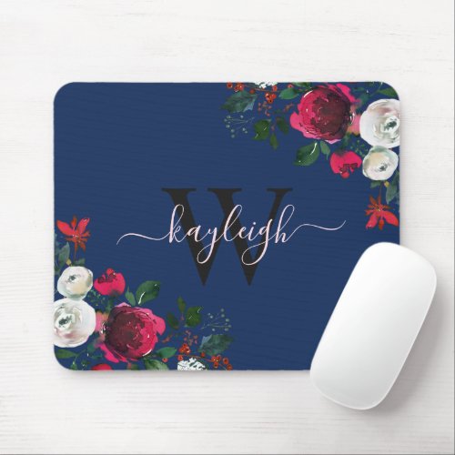 Burgundy Navy Watercolor Floral Name Monogrammed M Mouse Pad