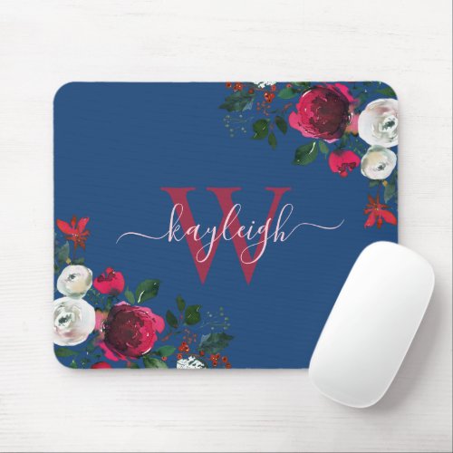 Burgundy Navy Watercolor Floral Name Monogrammed Mouse Pad