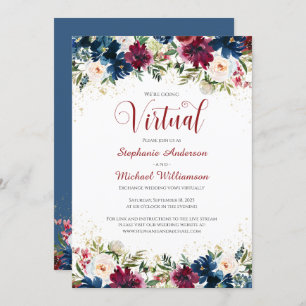 Burgundy Navy Watercolor Floral Virtual Wedding Invitation