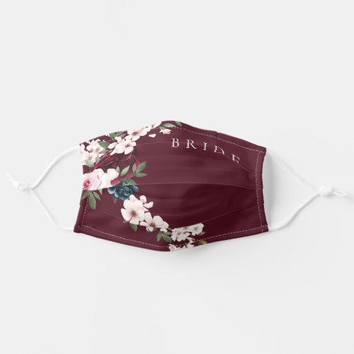 Burgundy Navy Watercolor Floral Waterfall Bride Adult Cloth Face Mask