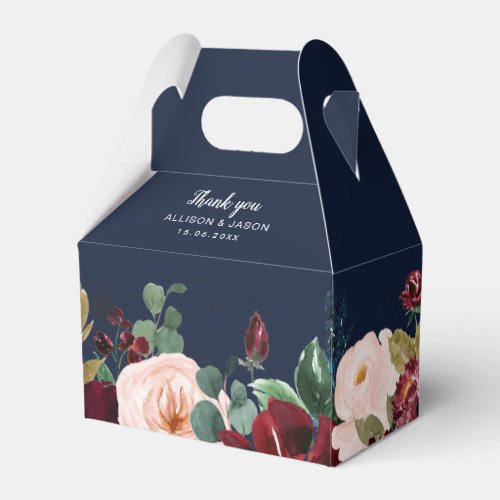burgundy navy watercolor floral wedding favor box