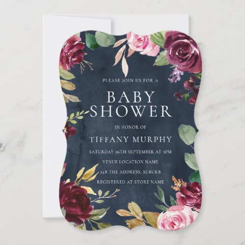 Burgundy Navy Watercolor Floral Wreath Baby Shower Invitation